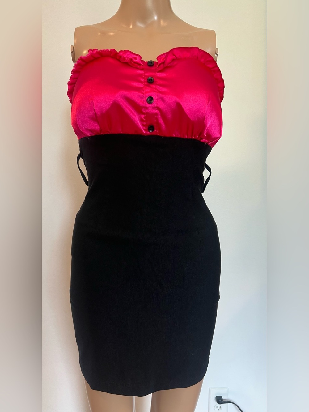 Body Central Hot Pink and Black Strapless Satin Bodice Dress